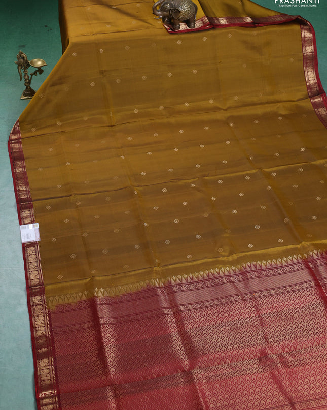 Pure Soft silk saree mustard yellow and maroon with zari woven buttas and zari woven border