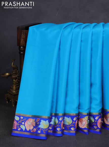 Pure mysore silk saree cs blue and royal blue with plain body and embroided border
