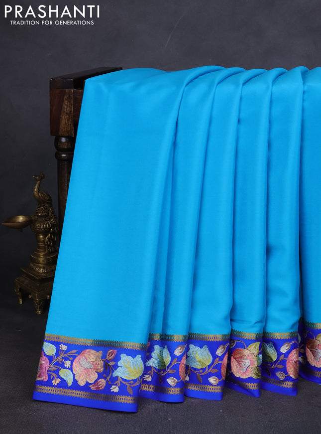 Pure mysore silk saree cs blue and royal blue with plain body and embroided border