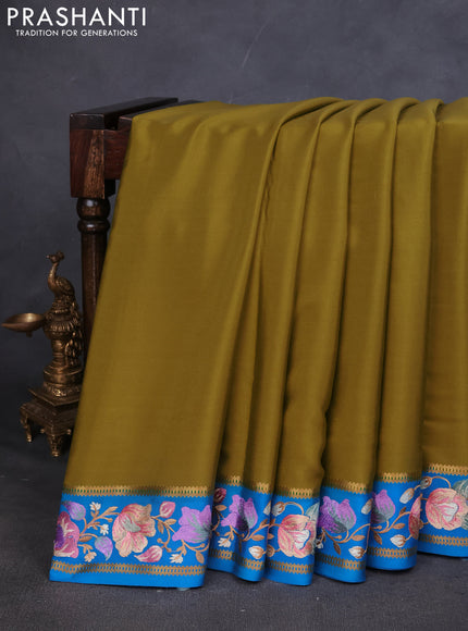 Pure mysore silk saree lime green and cs blue with plain body and embroided border