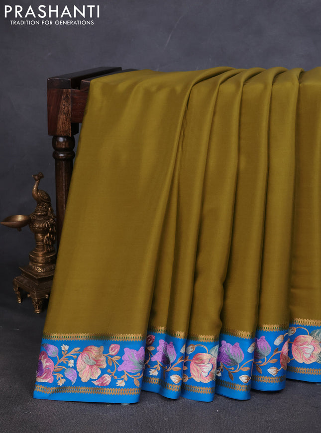 Pure mysore silk saree lime green and cs blue with plain body and embroided border