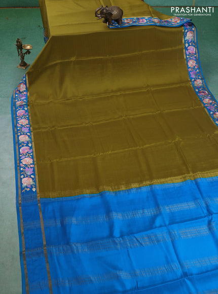 Pure mysore silk saree lime green and cs blue with plain body and embroided border