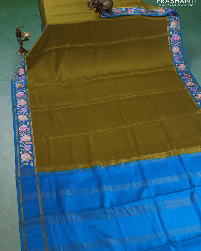 Pure mysore silk saree lime green and cs blue with plain body and embroided border