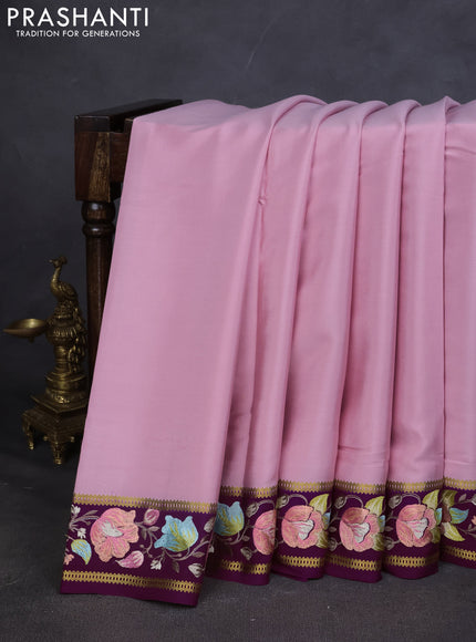 Pure mysore silk saree light pink and purple with plain body and embroided border