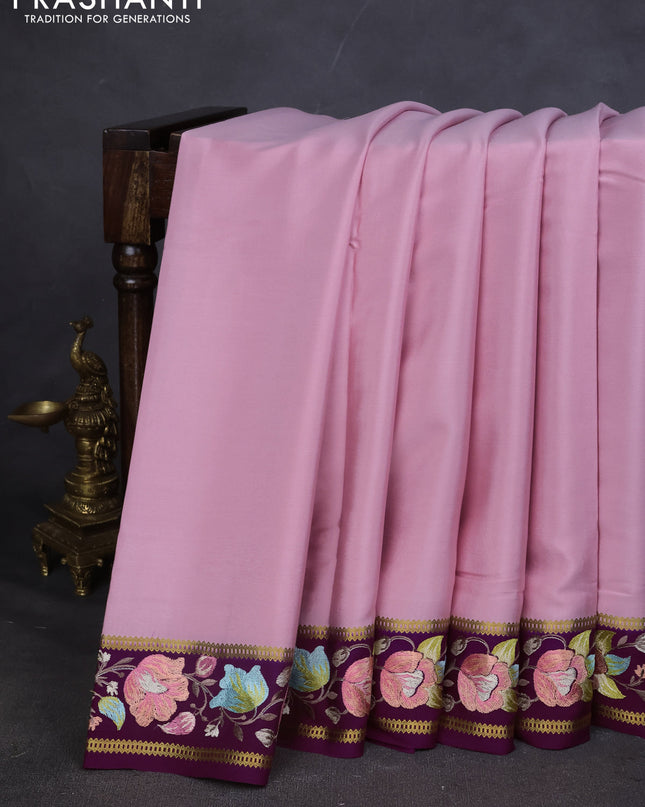 Pure mysore silk saree light pink and purple with plain body and embroided border
