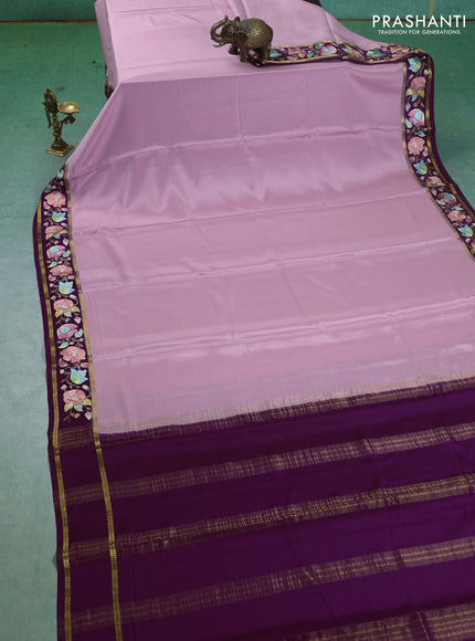 Pure mysore silk saree light pink and purple with plain body and embroided border