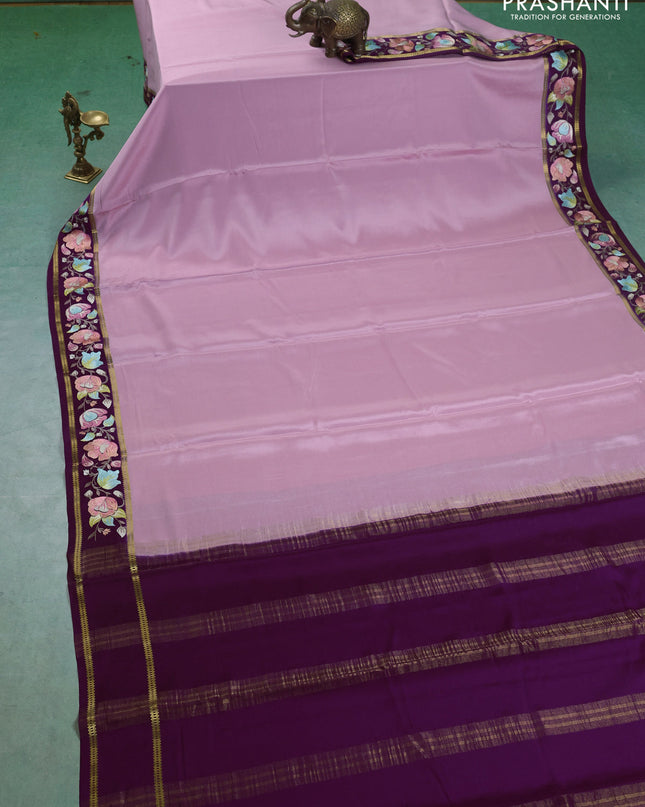 Pure mysore silk saree light pink and purple with plain body and embroided border