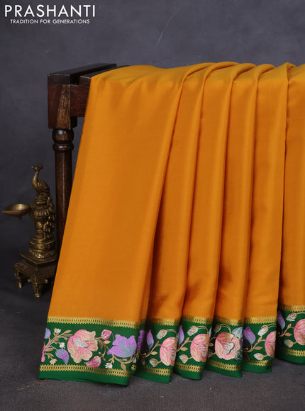 Pure mysore silk saree mustard yellow and green with plain body and embroided border