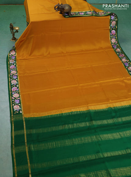 Pure mysore silk saree mustard yellow and green with plain body and embroided border