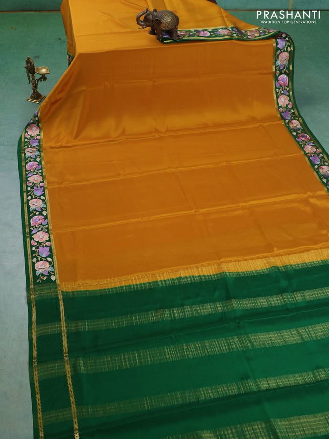 Pure mysore silk saree mustard yellow and green with plain body and embroided border