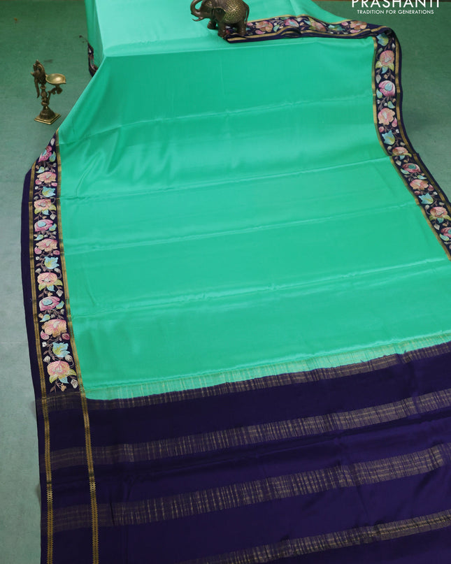 Pure mysore silk saree teal green and navy blue with plain body and embroided border