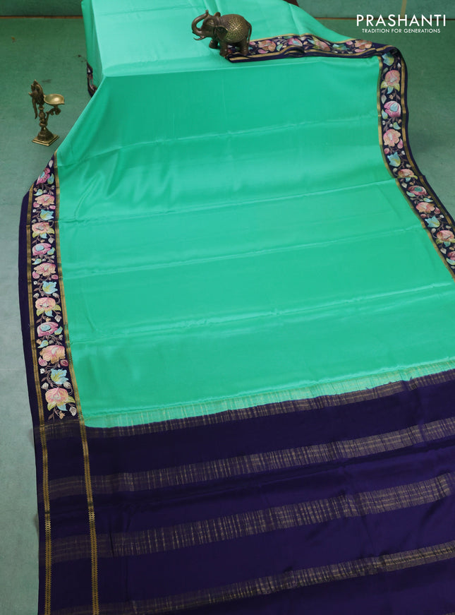 Pure mysore silk saree teal green and navy blue with plain body and embroided border