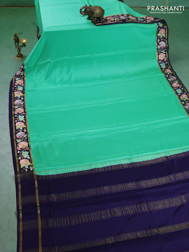 Pure mysore silk saree teal green and navy blue with plain body and embroided border