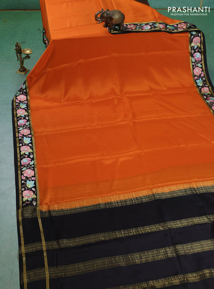 Pure mysore silk saree orange and black with plain body and embroided border