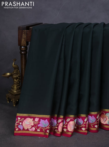 Pure mysore silk saree bottle green and magenta pink with plain body and embroided border