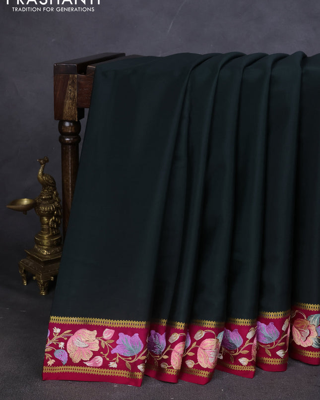 Pure mysore silk saree bottle green and magenta pink with plain body and embroided border