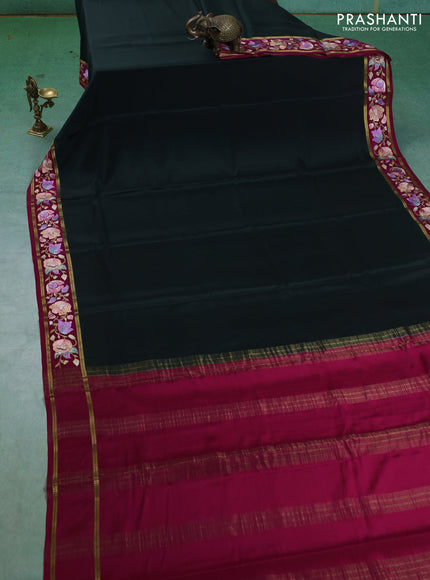 Pure mysore silk saree bottle green and magenta pink with plain body and embroided border