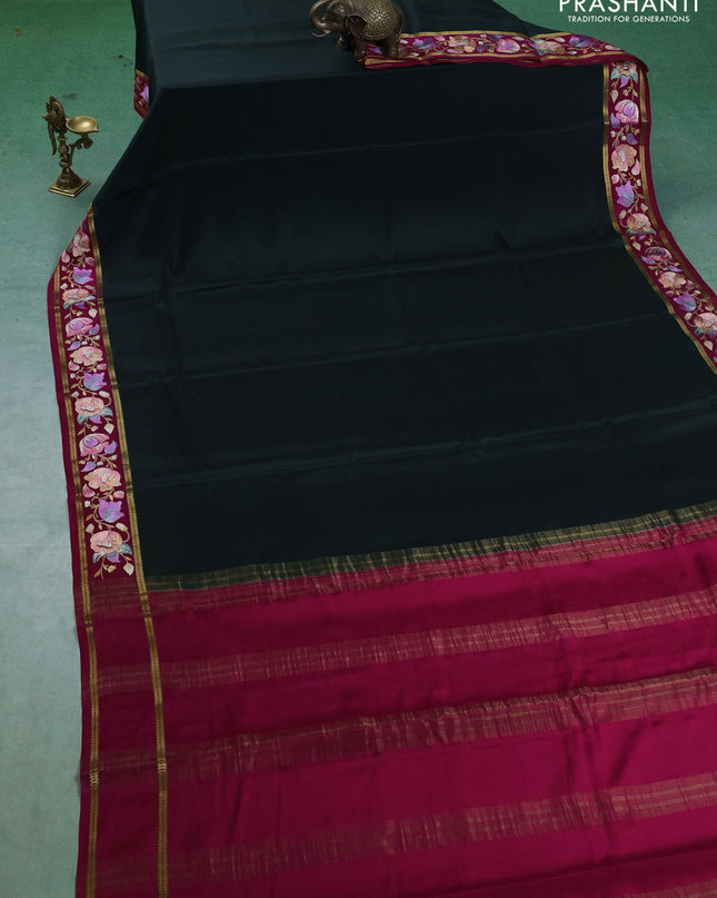 Pure mysore silk saree bottle green and magenta pink with plain body and embroided border