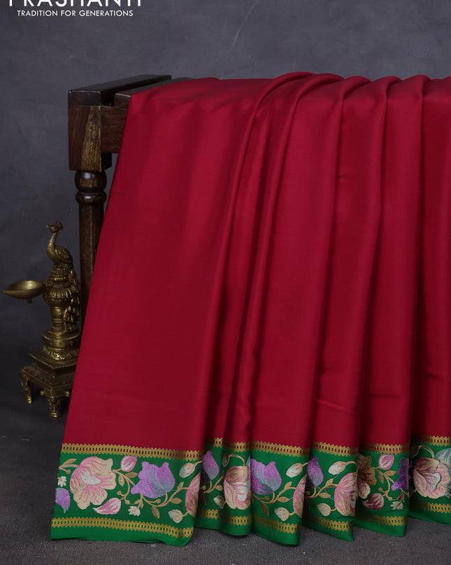 Pure mysore silk saree pink and green with plain body and embroided border