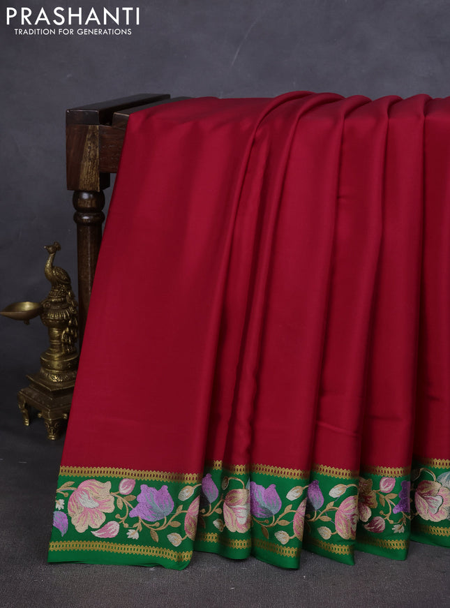 Pure mysore silk saree pink and green with plain body and embroided border