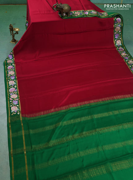 Pure mysore silk saree pink and green with plain body and embroided border