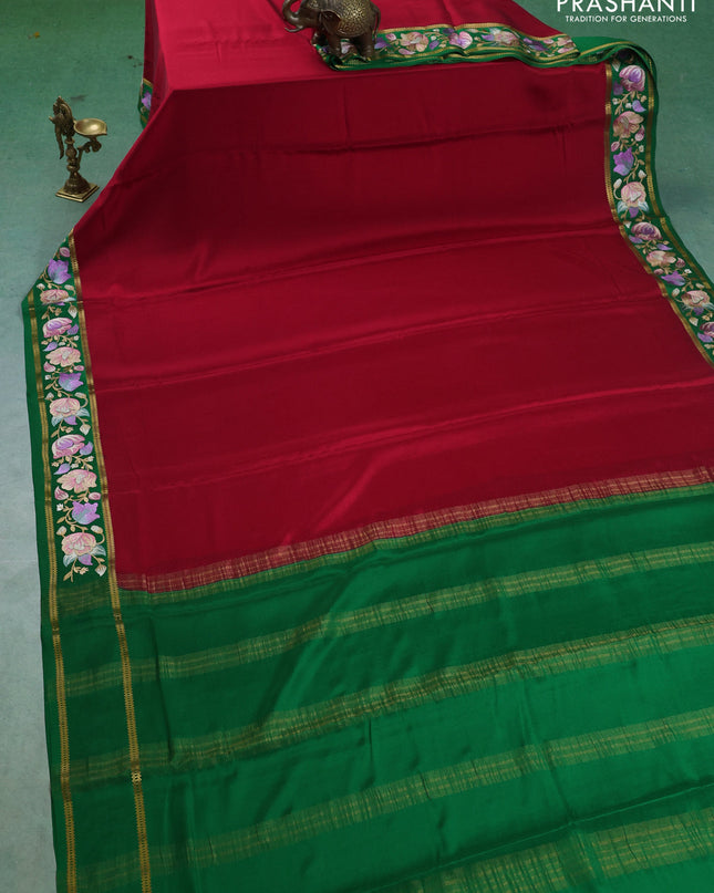 Pure mysore silk saree pink and green with plain body and embroided border