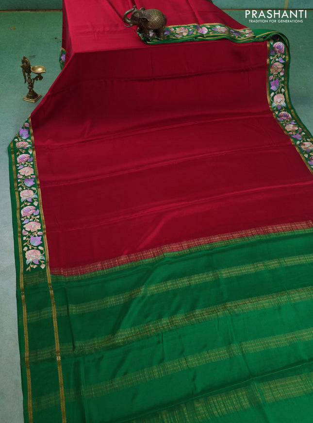Pure mysore silk saree pink and green with plain body and embroided border