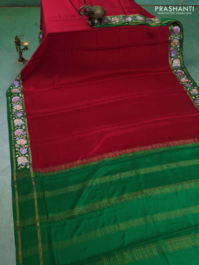 Pure mysore silk saree pink and green with plain body and embroided border
