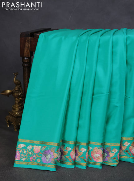 Pure mysore silk saree teal blue with plain body and embroided border