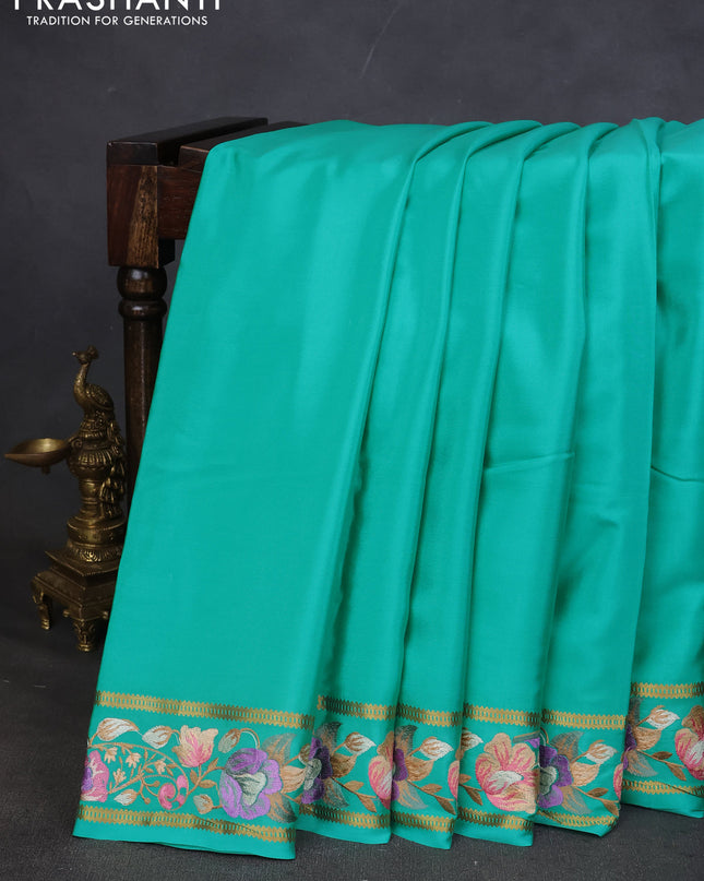 Pure mysore silk saree teal blue with plain body and embroided border