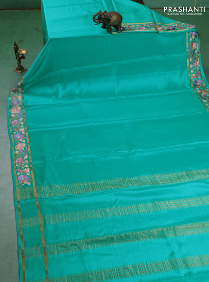 Pure mysore silk saree teal blue with plain body and embroided border