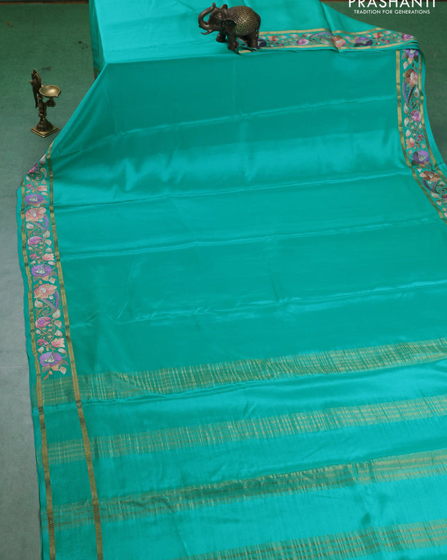 Pure mysore silk saree teal blue with plain body and embroided border
