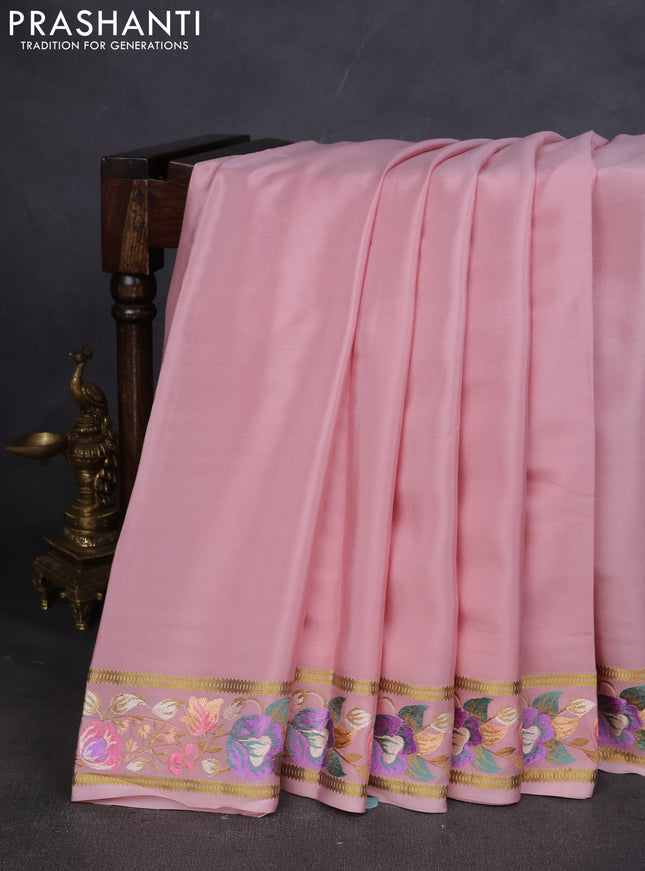 Pure mysore silk saree peach shade with plain body and embroided border