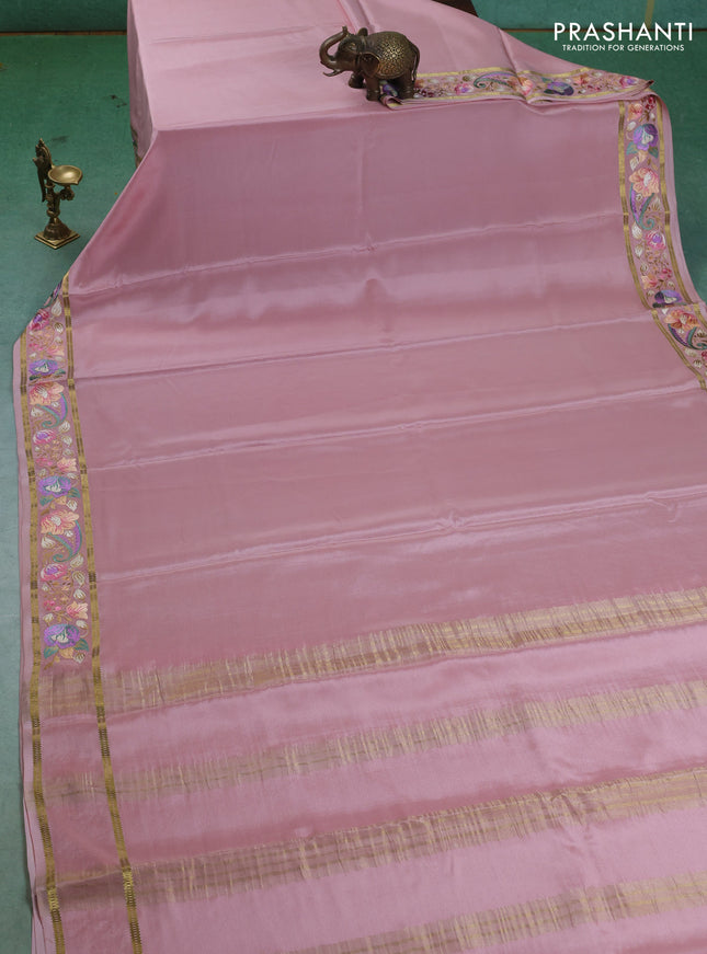 Pure mysore silk saree peach shade with plain body and embroided border