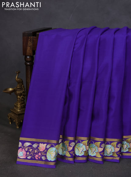 Pure mysore silk saree blue with plain body and embroided border