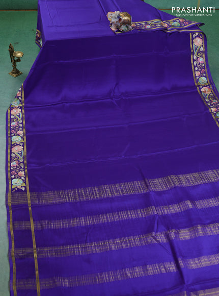 Pure mysore silk saree blue with plain body and embroided border