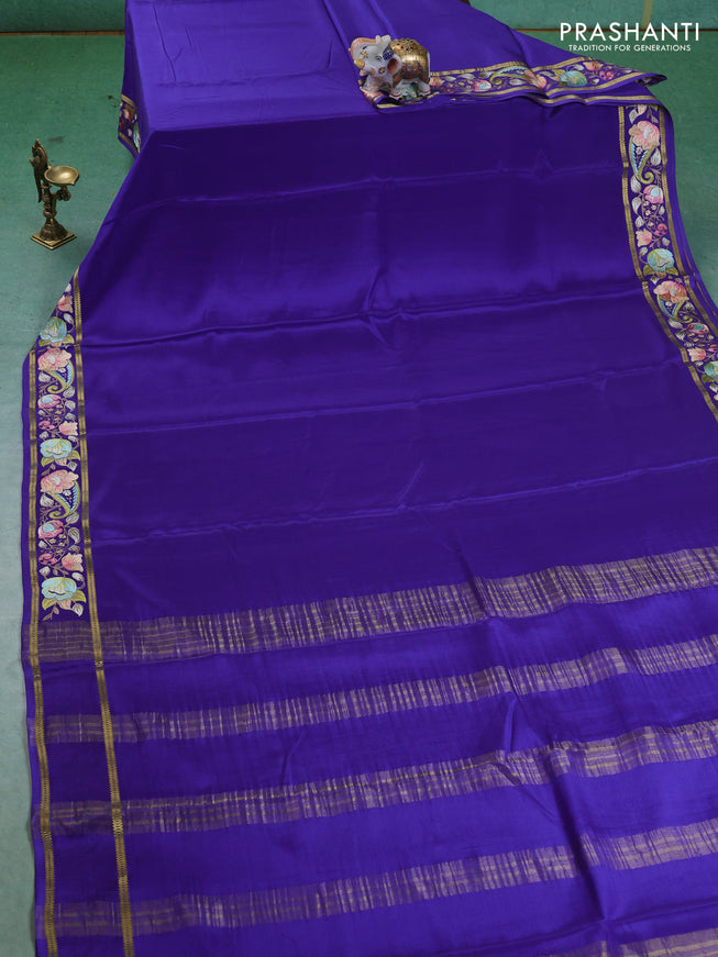 Pure mysore silk saree blue with plain body and embroided border