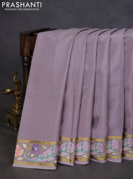Pure mysore silk saree grey with plain body and embroided border