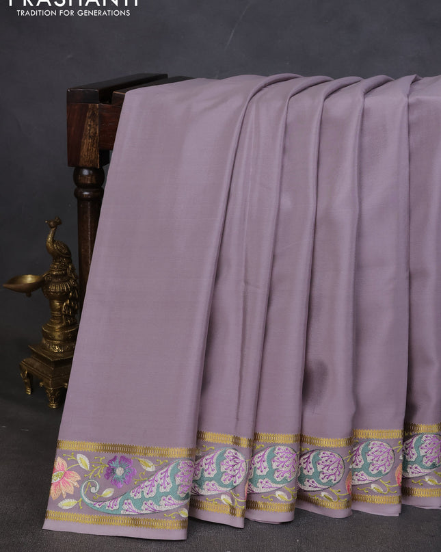Pure mysore silk saree grey with plain body and embroided border