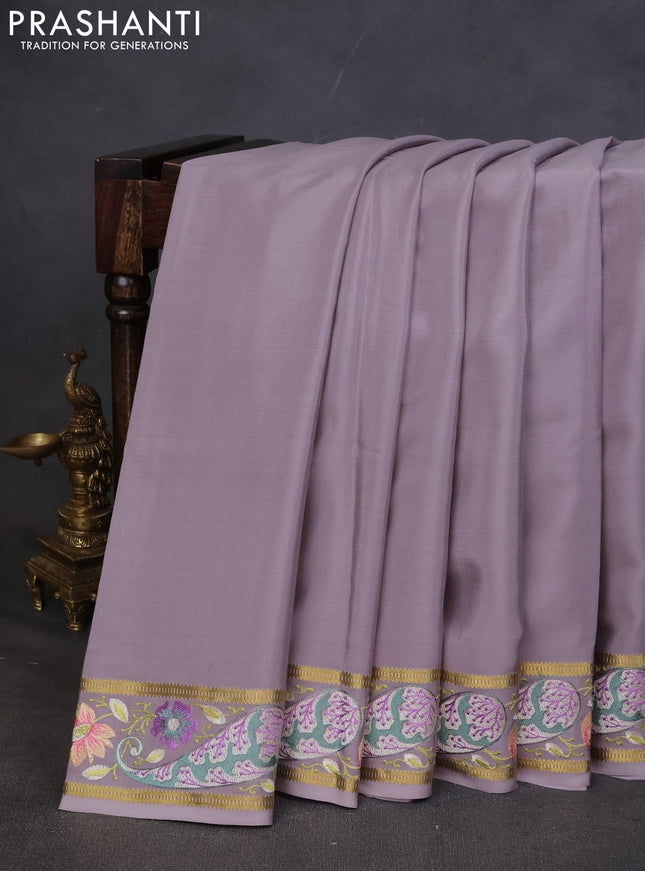 Pure mysore silk saree grey with plain body and embroided border