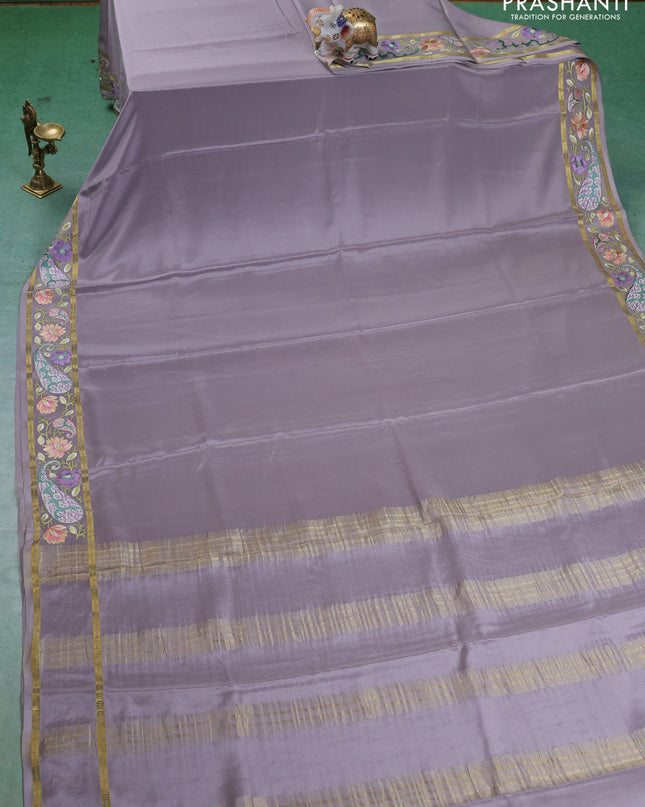 Pure mysore silk saree grey with plain body and embroided border