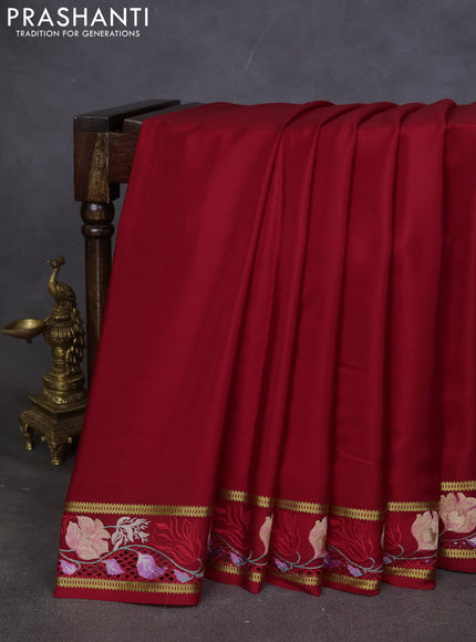 Pure mysore silk saree red with plain body and cut work embroidery border