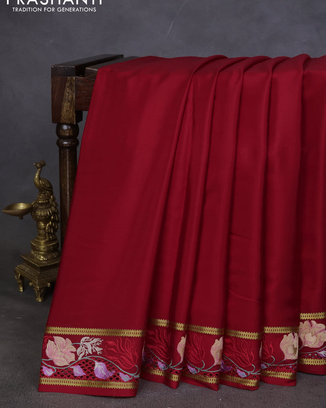 Pure mysore silk saree red with plain body and cut work embroidery border