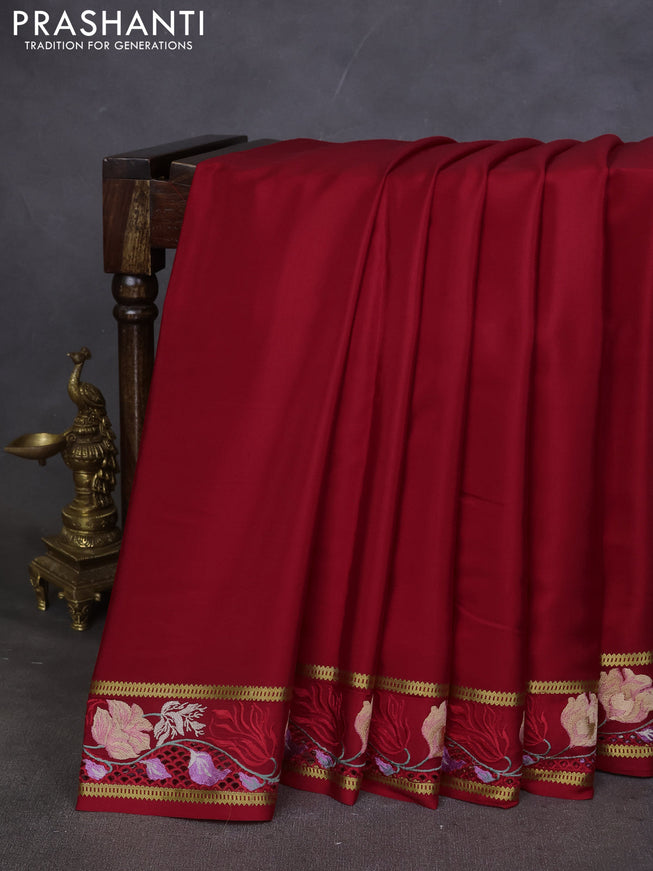 Pure mysore silk saree red with plain body and cut work embroidery border