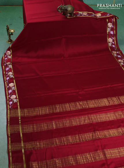 Pure mysore silk saree red with plain body and cut work embroidery border