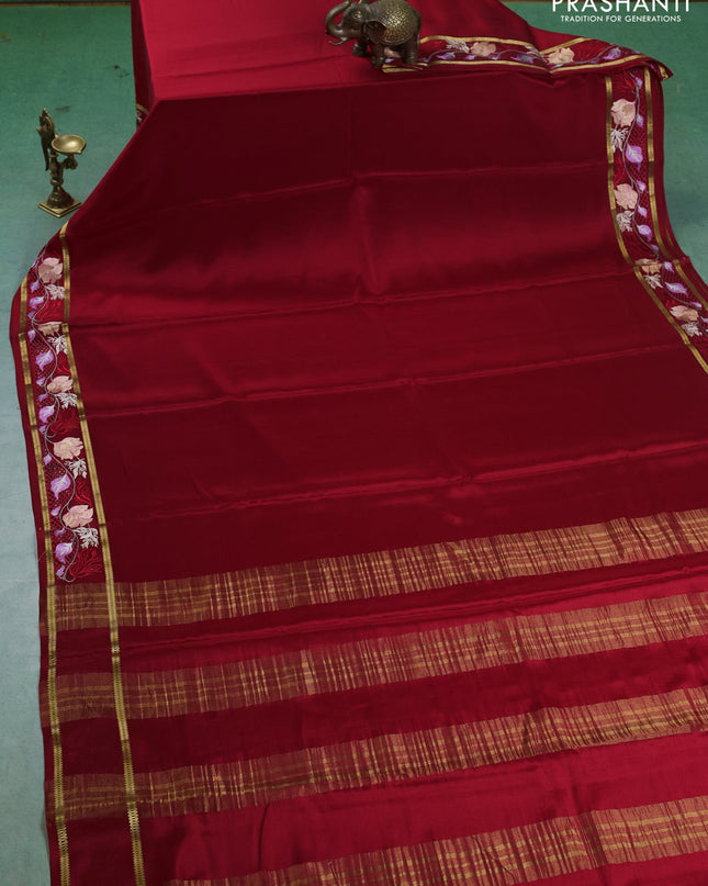 Pure mysore silk saree red with plain body and cut work embroidery border