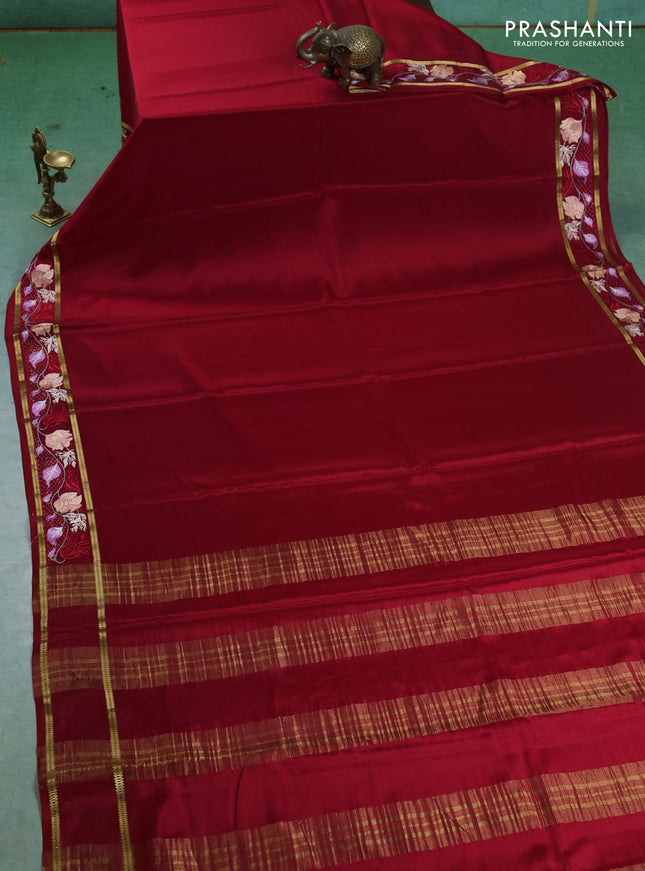 Pure mysore silk saree red with plain body and cut work embroidery border