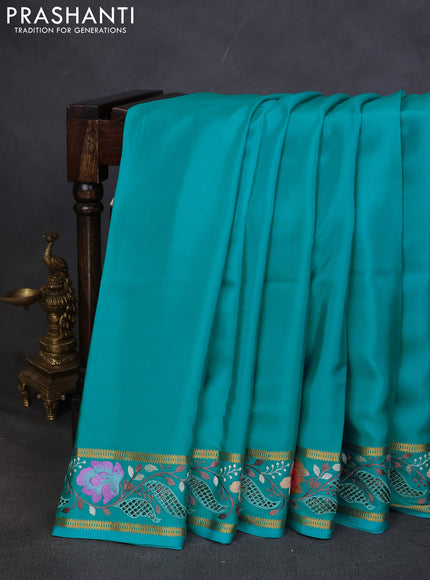 Pure mysore silk saree teal blue with plain body and cut work embroidery border