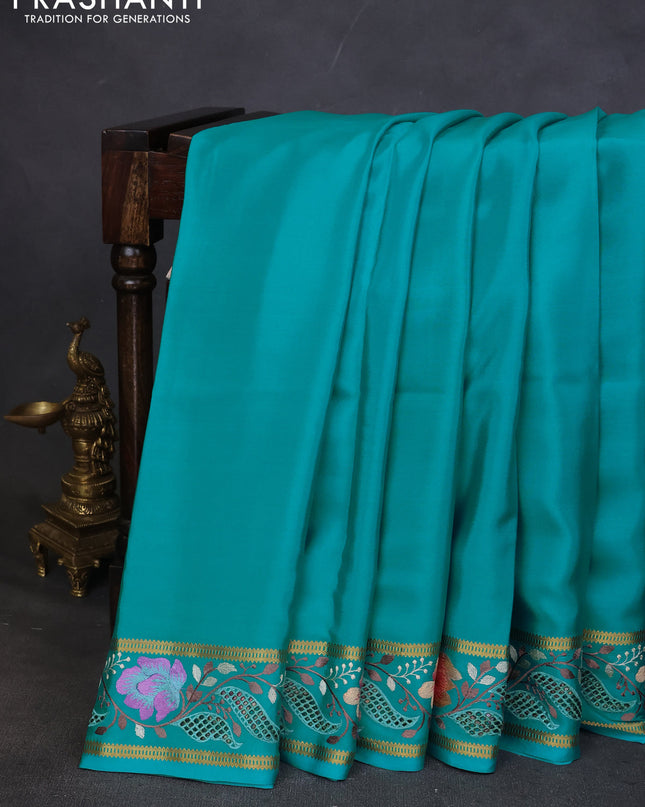 Pure mysore silk saree teal blue with plain body and cut work embroidery border