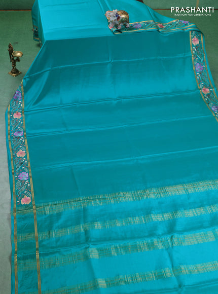 Pure mysore silk saree teal blue with plain body and cut work embroidery border